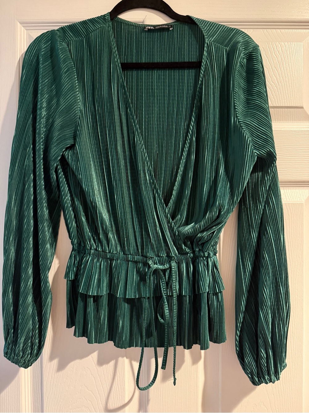 Zara Emerald Green Pleated Wrap Peplum Blouse